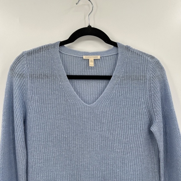 EILEEN FISHER Blue 100% Organic Linen Knit V-Neck Oversized Sweater Top Size XS - Picture 3 of 6